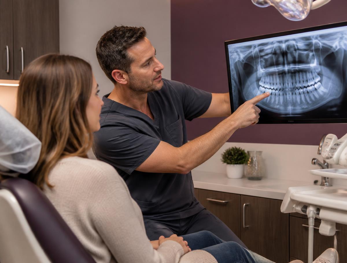 Dentist showing a patient their digital x-ray on a screen while explaining treatment