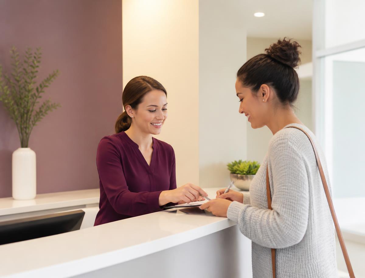 Friendly dental receptionist greeting a patient at a clean, modern front desk