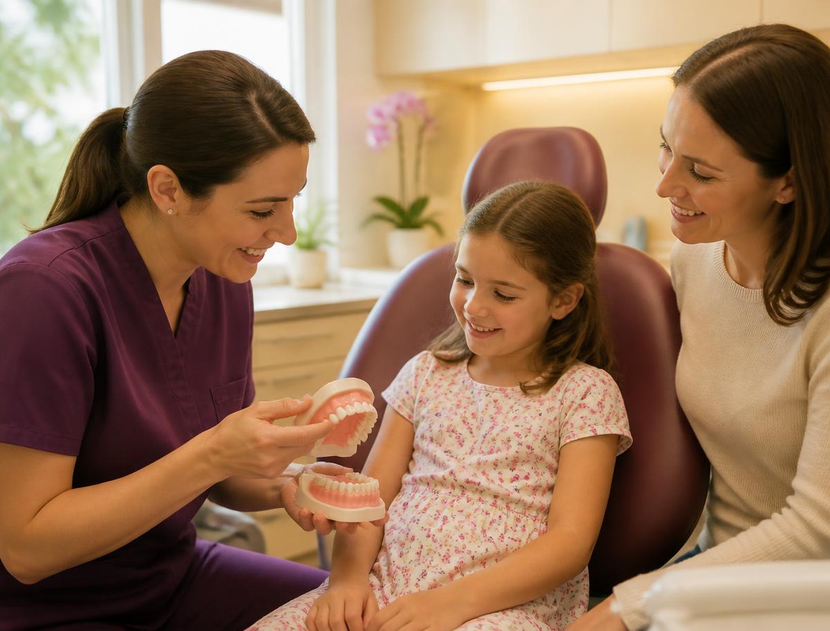 Hygienist gently examining a young child's teeth while a parent watches nearby