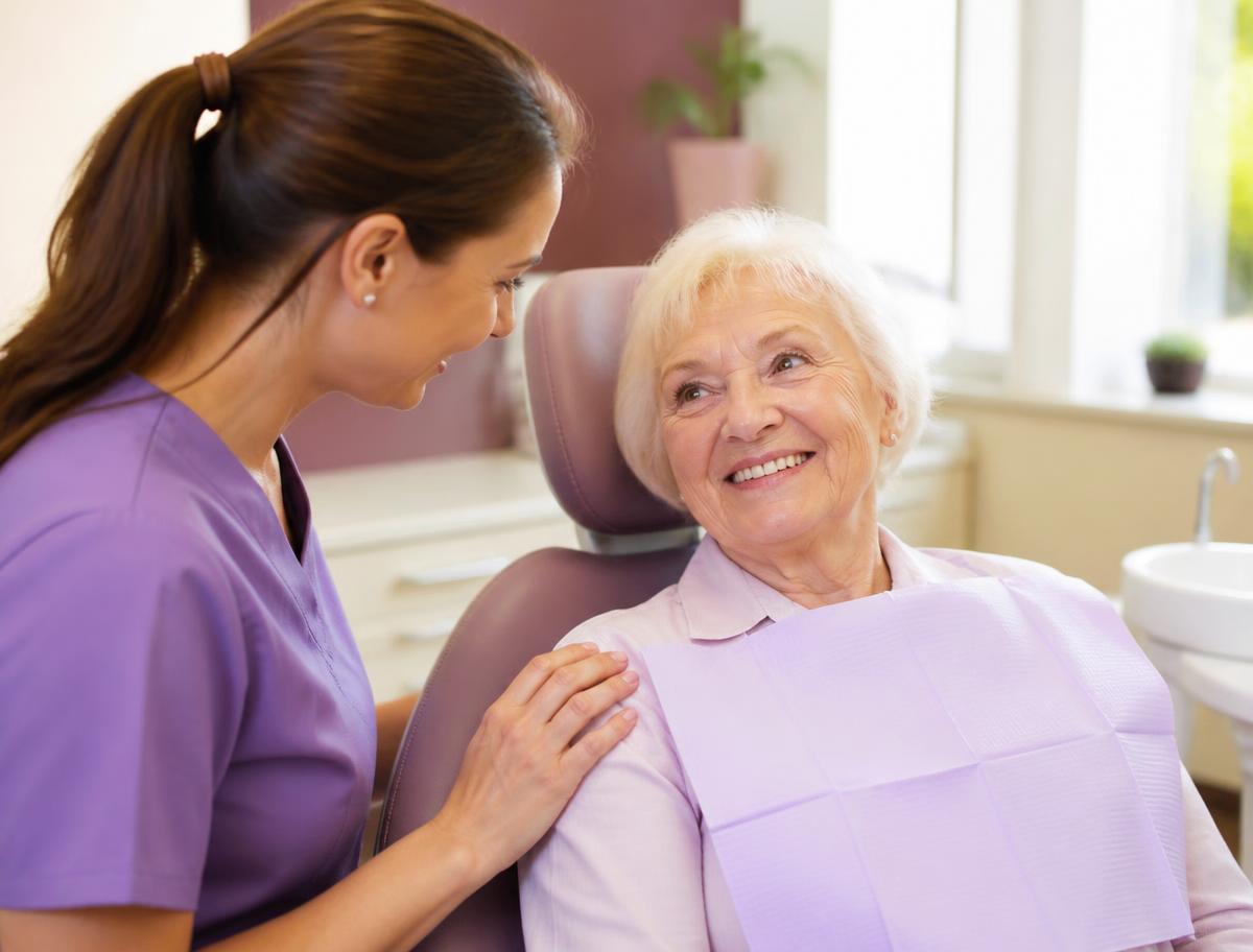 Dentist talking warmly with an older patient about a denture in a bright treatment room